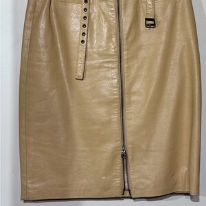 Bisou Bisou Tan Leather Satin Lining Double Zip belted Skirt Size 4 Vintage